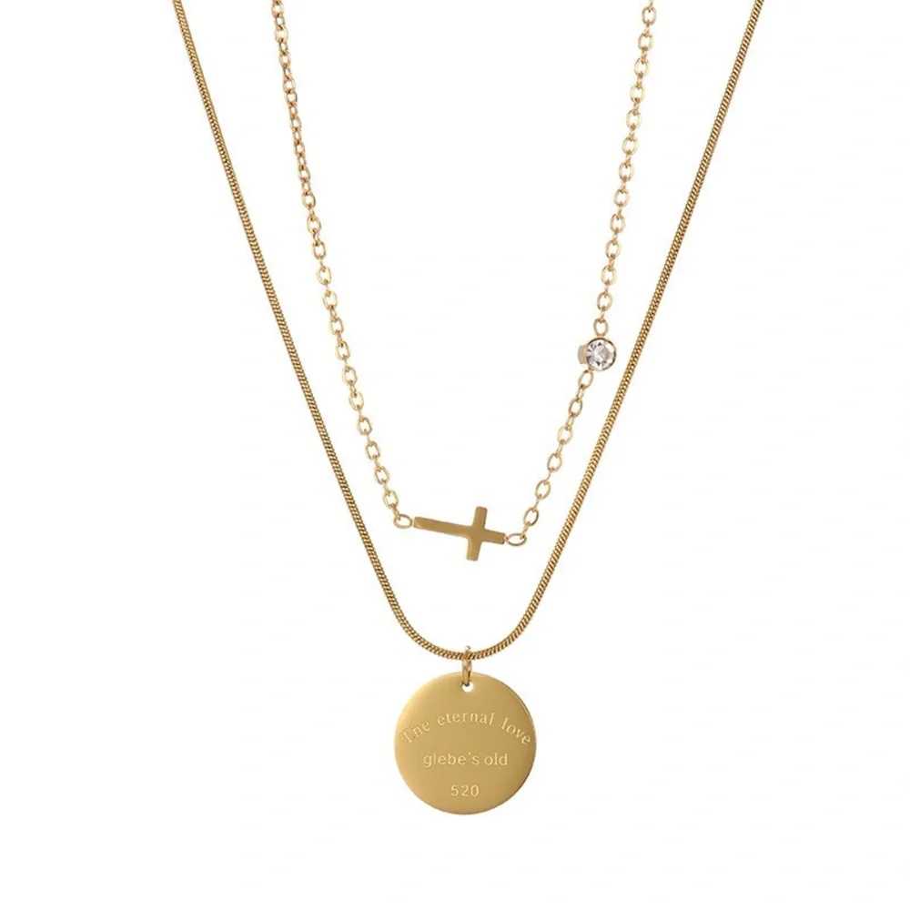 18K Gold Plated Double Layered Necklace*Stackable Cross Necklace*Round PendantLW - Picture 5 of 8
